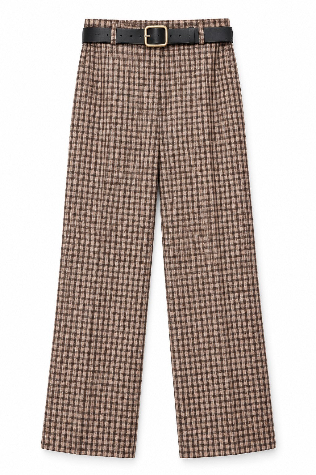 A pair of high-waisted, wide-leg trousers in a brown and beige checkered pattern, styled with a black leather belt featuring a gold buckle, shown against a plain white background.