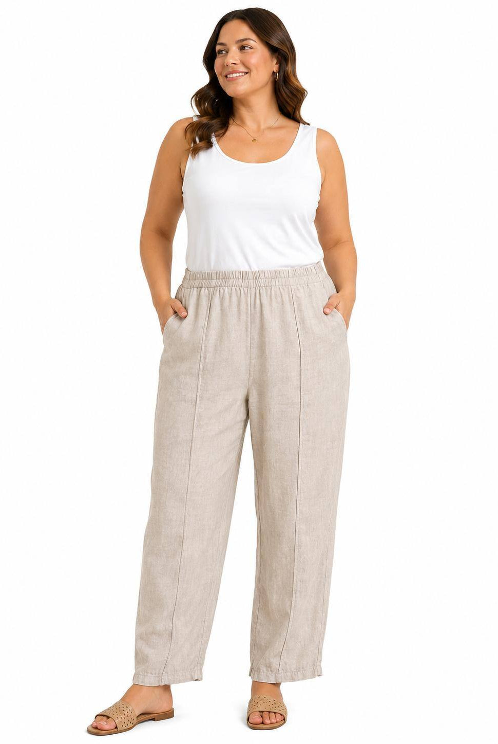 Beige linen trosers with stitched seam