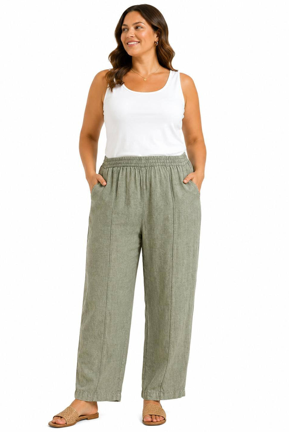 olive green linen trousers with stitched seam