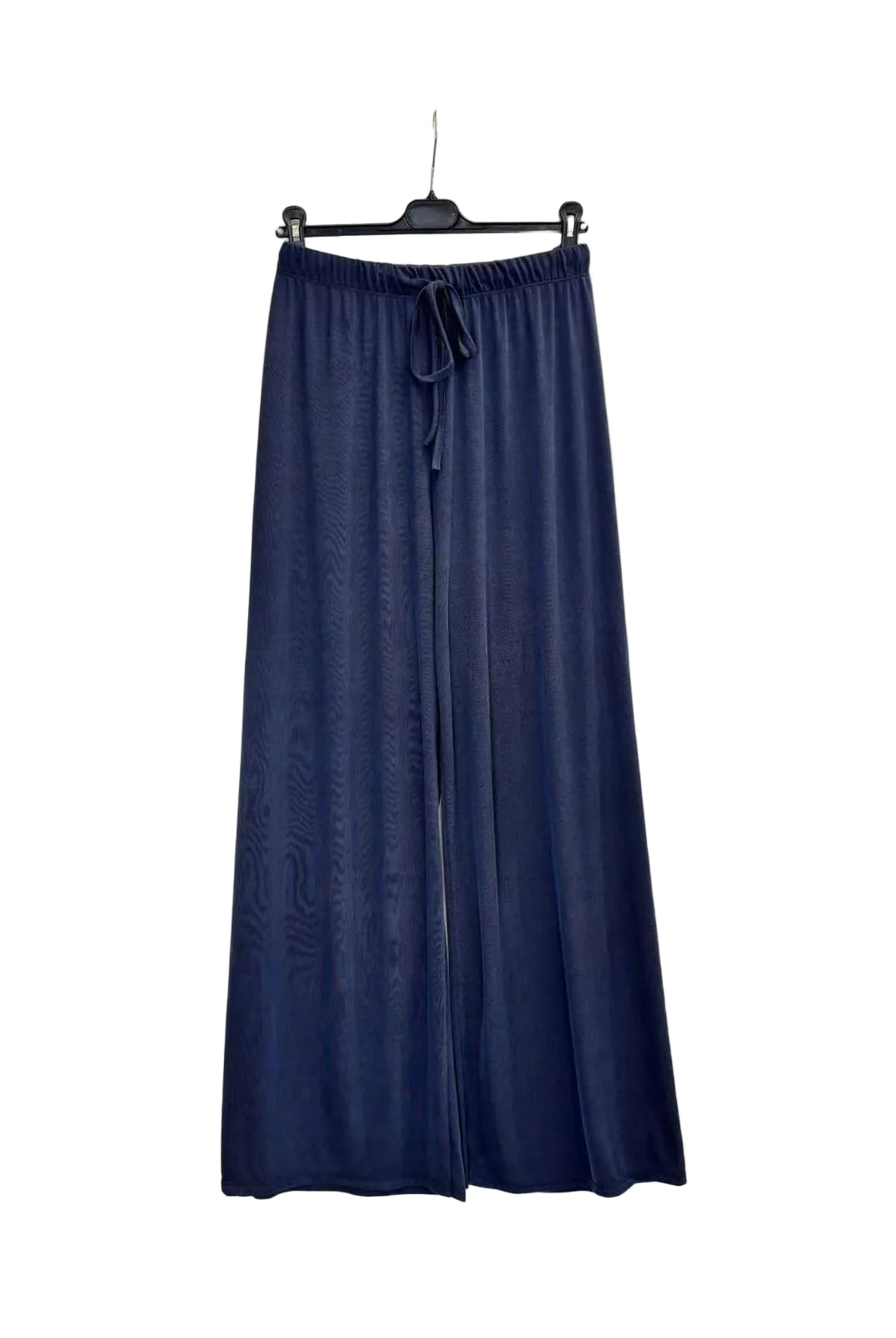 A dark navy blue wide-leg trouser with elastic drawstring waist
