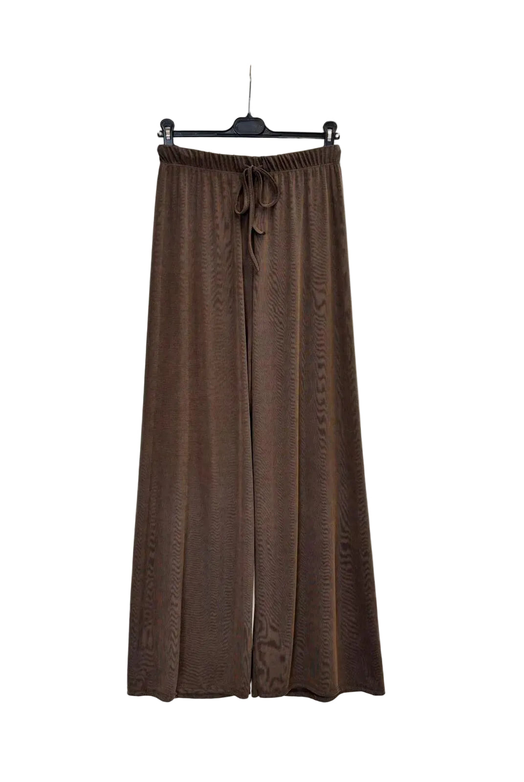 A pair of brown wide-leg pants with a drawstring waist