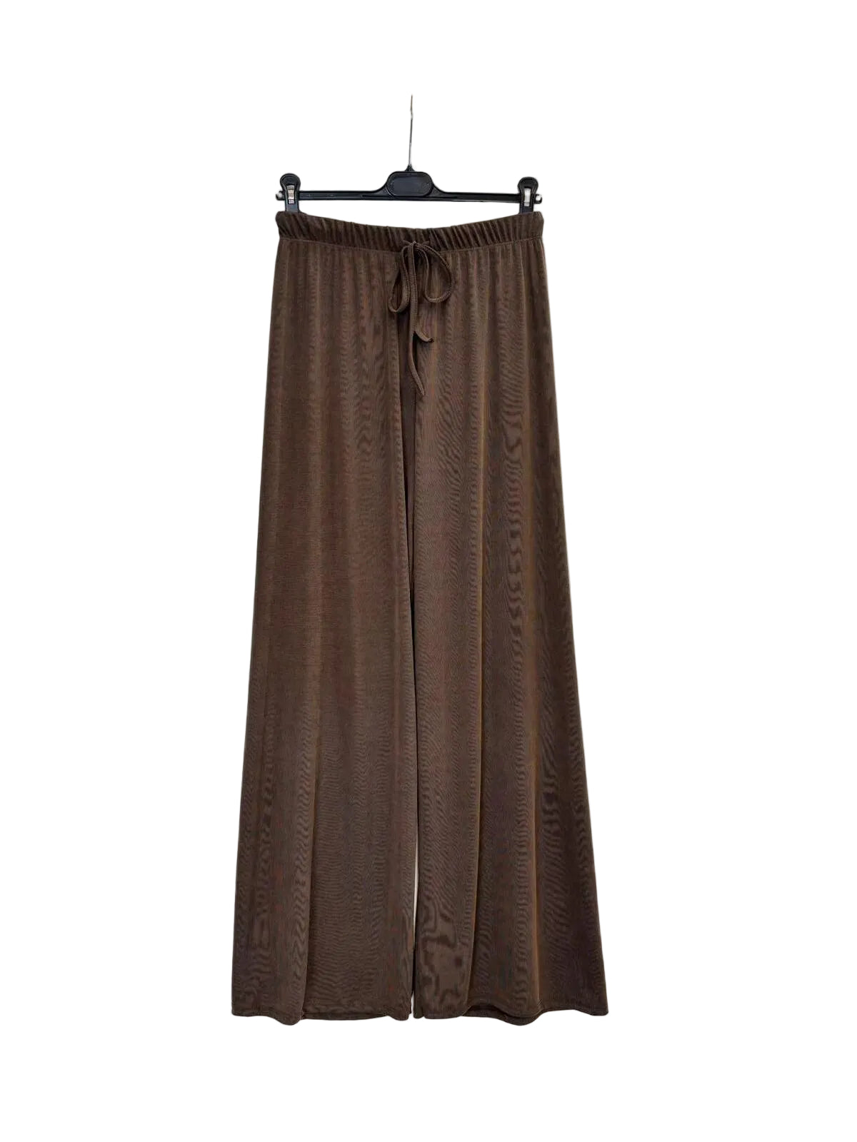 A pair of brown wide-leg pants with a drawstring waist