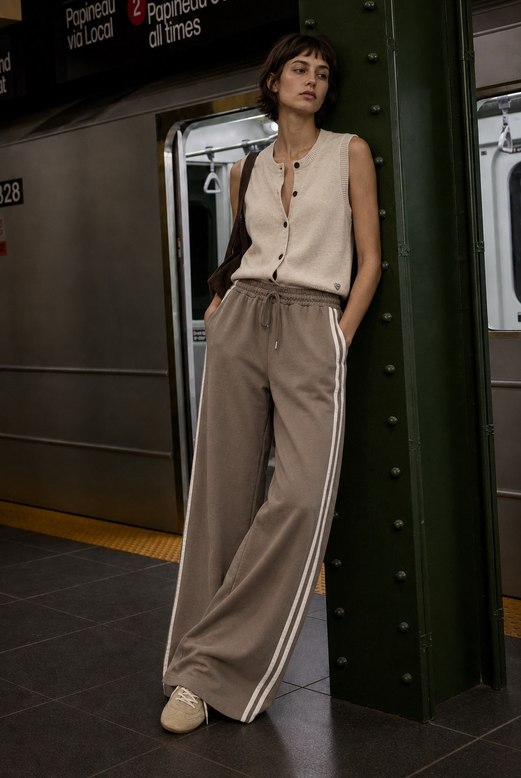 A woman stands in a subway station next to a dark green metal pillar, wearing a sleeveless cream button-up top and wide-leg taupe pants with white side stripes.