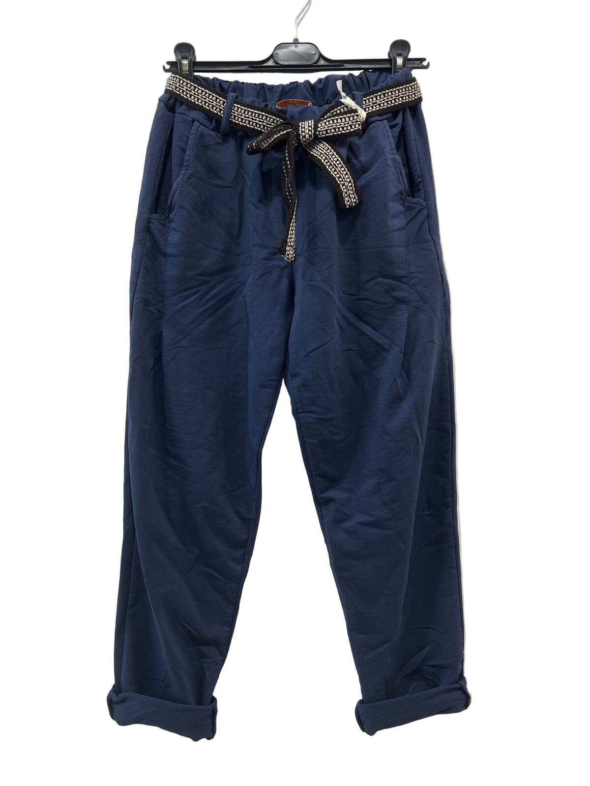 Navy blue pants with a belt on a white background