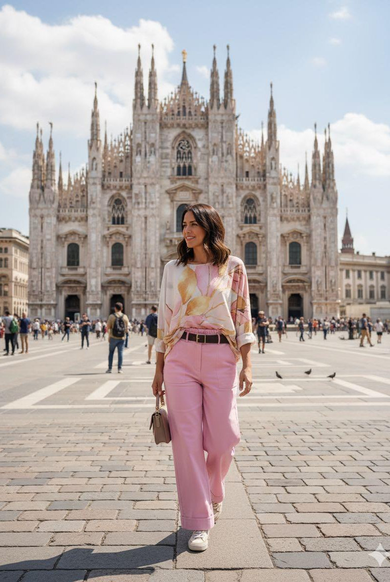 Woman walking in front of the Duomo di Milano in Milan, Italy.