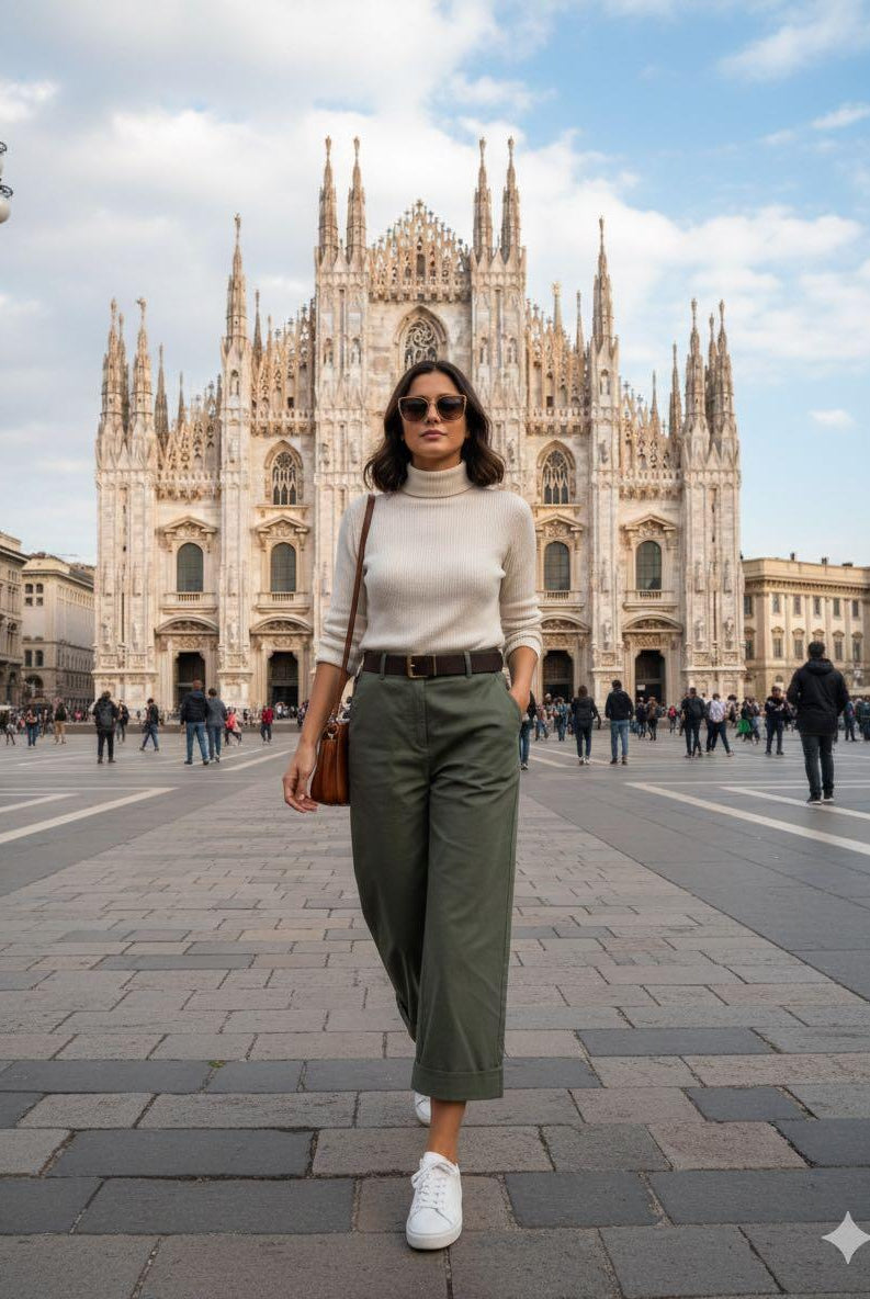 Woman standing in front of a large cathedral with a clear sky.