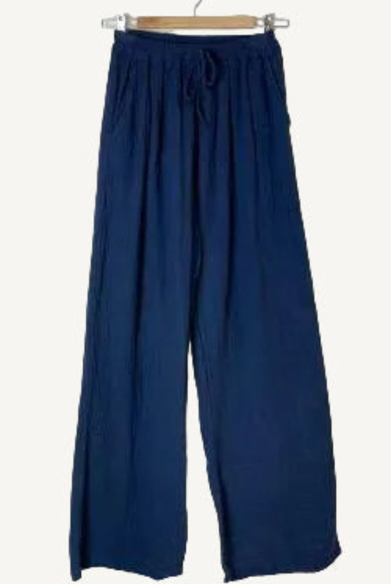 navy blue wide leg trousers