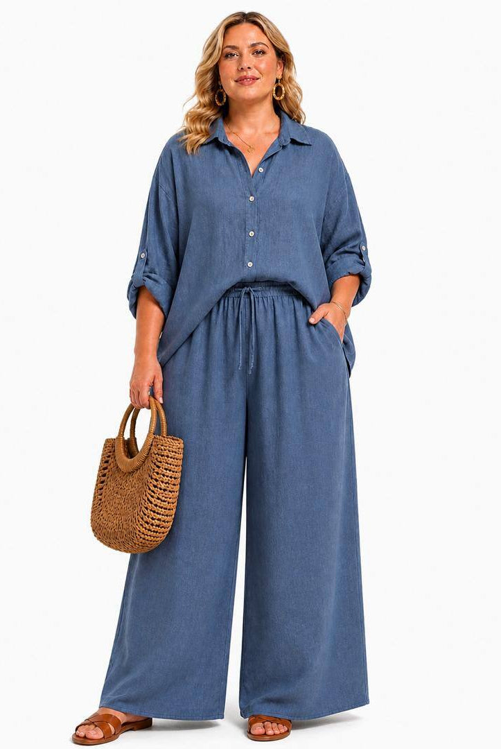Blue Jeans coloured linen plus size wide leg trousres