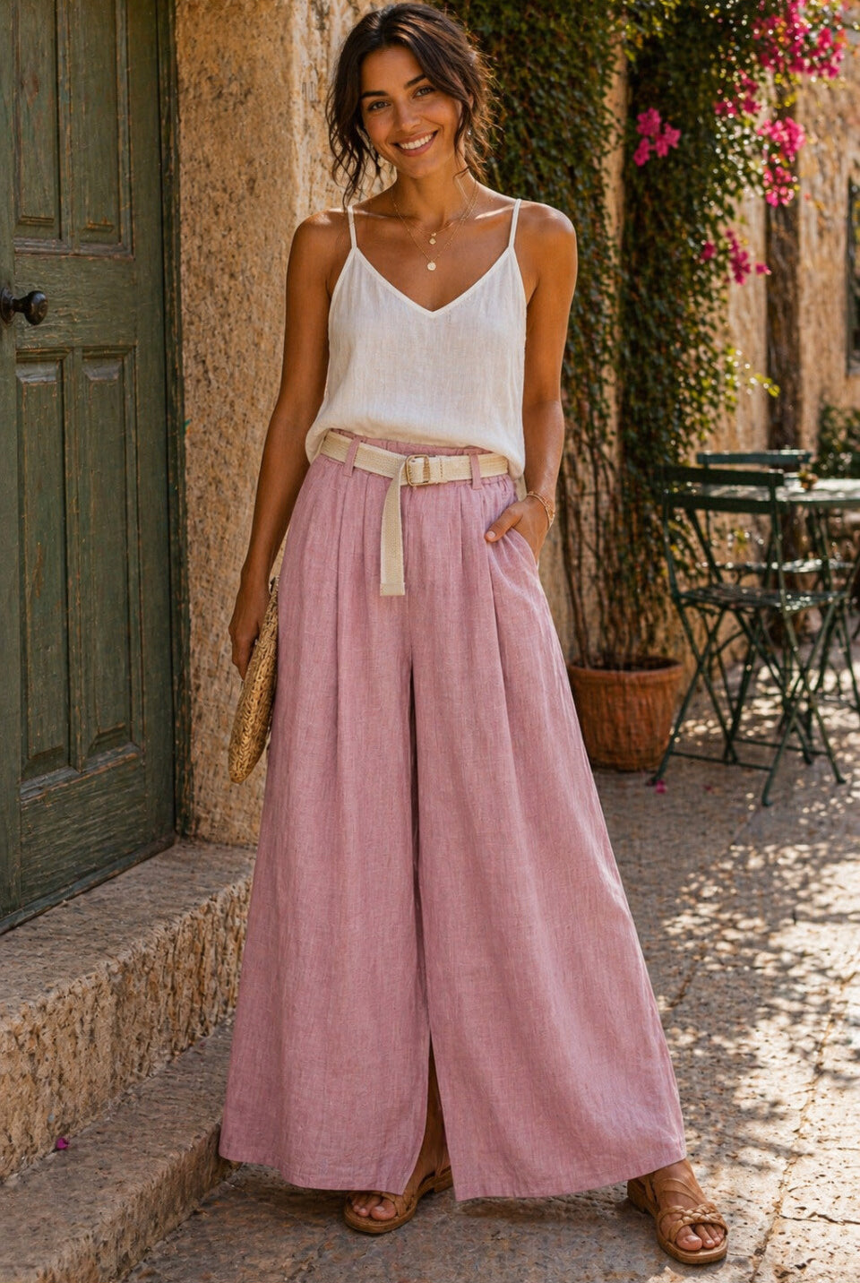 Woman wearing a white top and pink wide-leg pants standing outdoors.