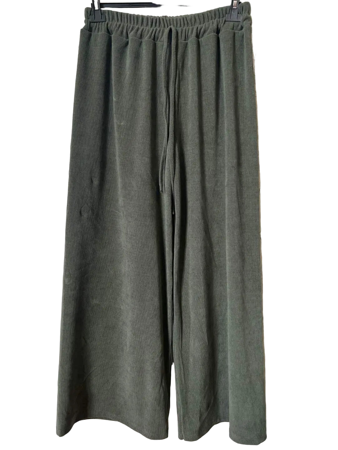 A pair of olive green wide-leg cropped pants