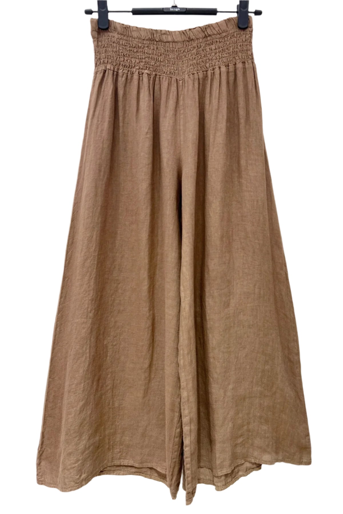 Brown wide-leg pants hanging on a white background