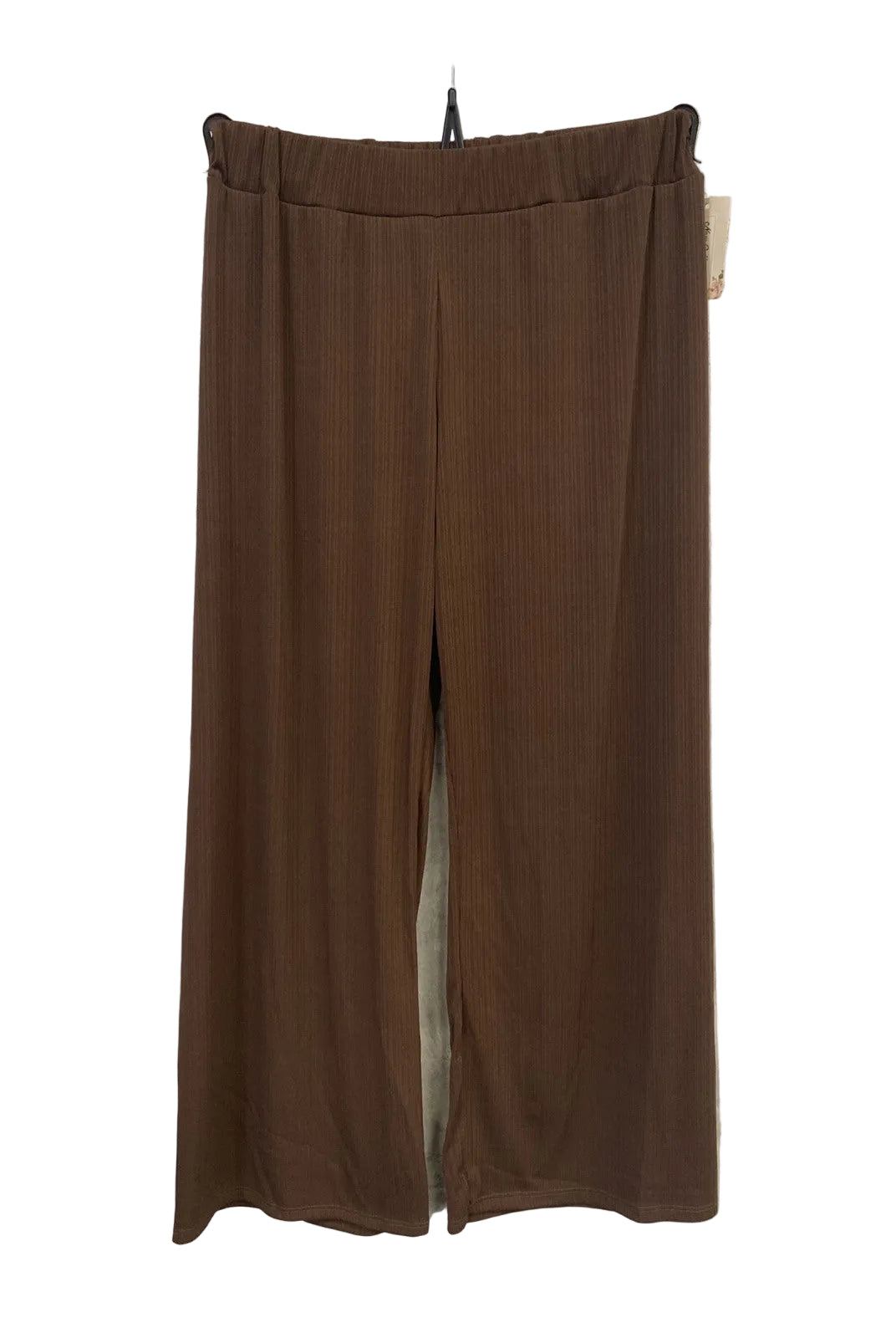 A pair of brown wide-leg trousers wit elasticated waist.