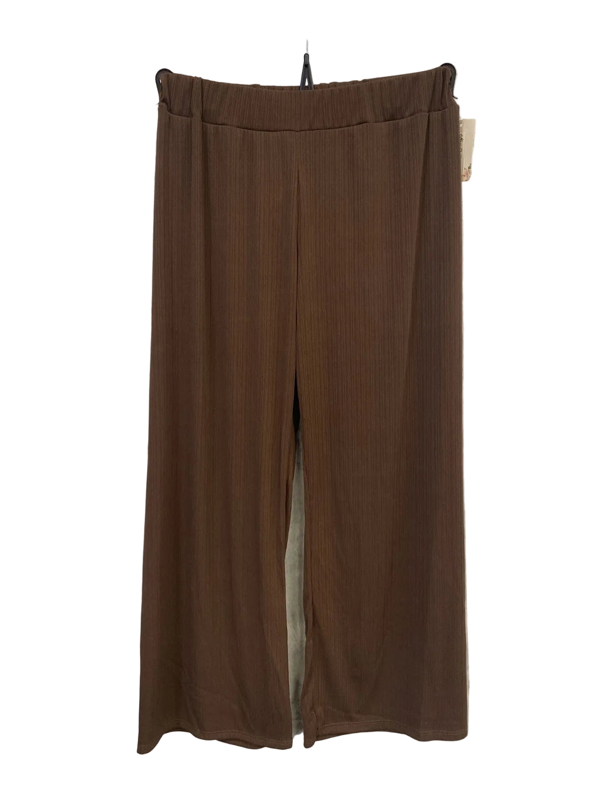 A pair of brown wide-leg trousers wit elasticated waist.