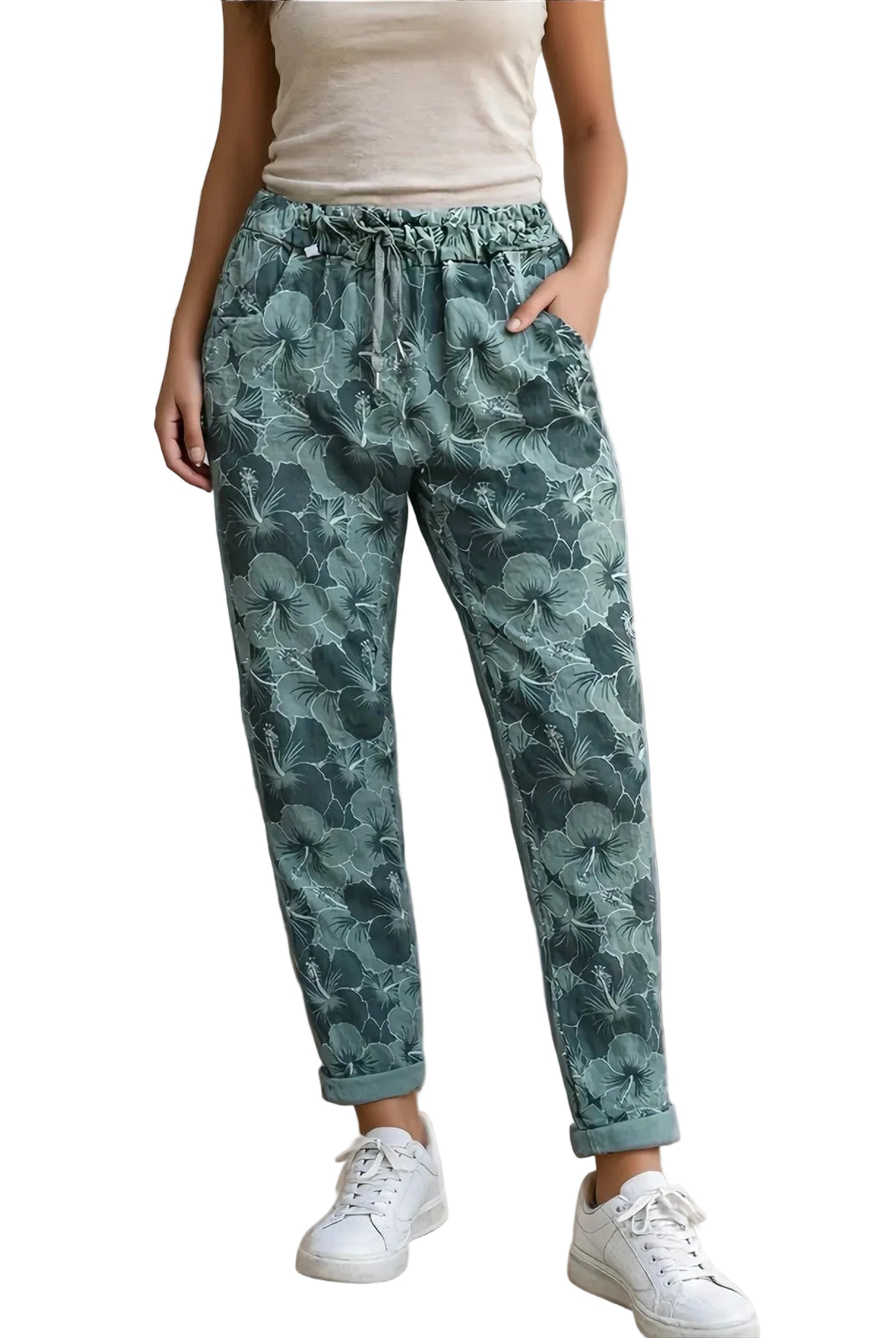 Person wearing green floral pants