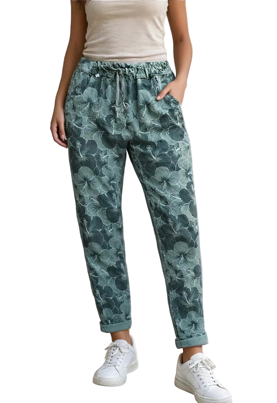 Person wearing green floral pants