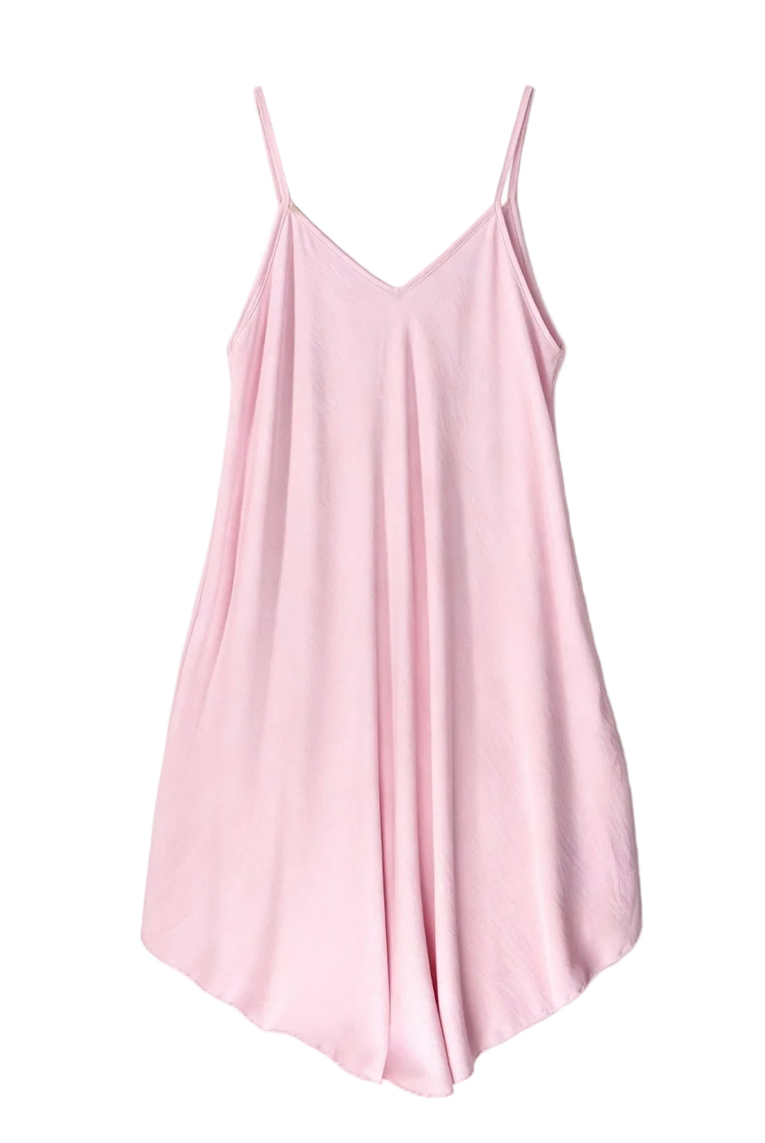 A light pink slip dress with thin spaghetti straps and a V-neckline, displayed flat against a clean white background.
