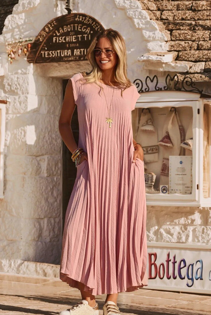 pink pleated long dress
