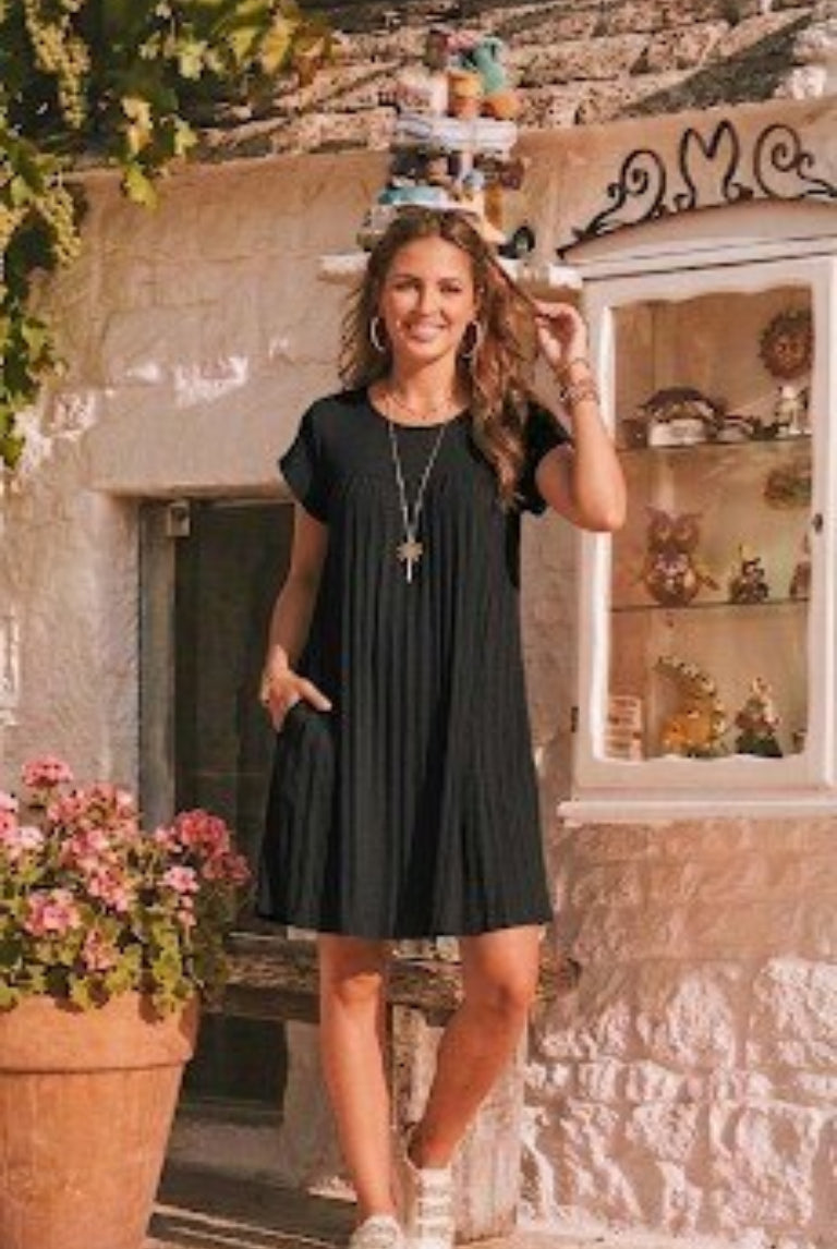 black pleated short sleeved dress