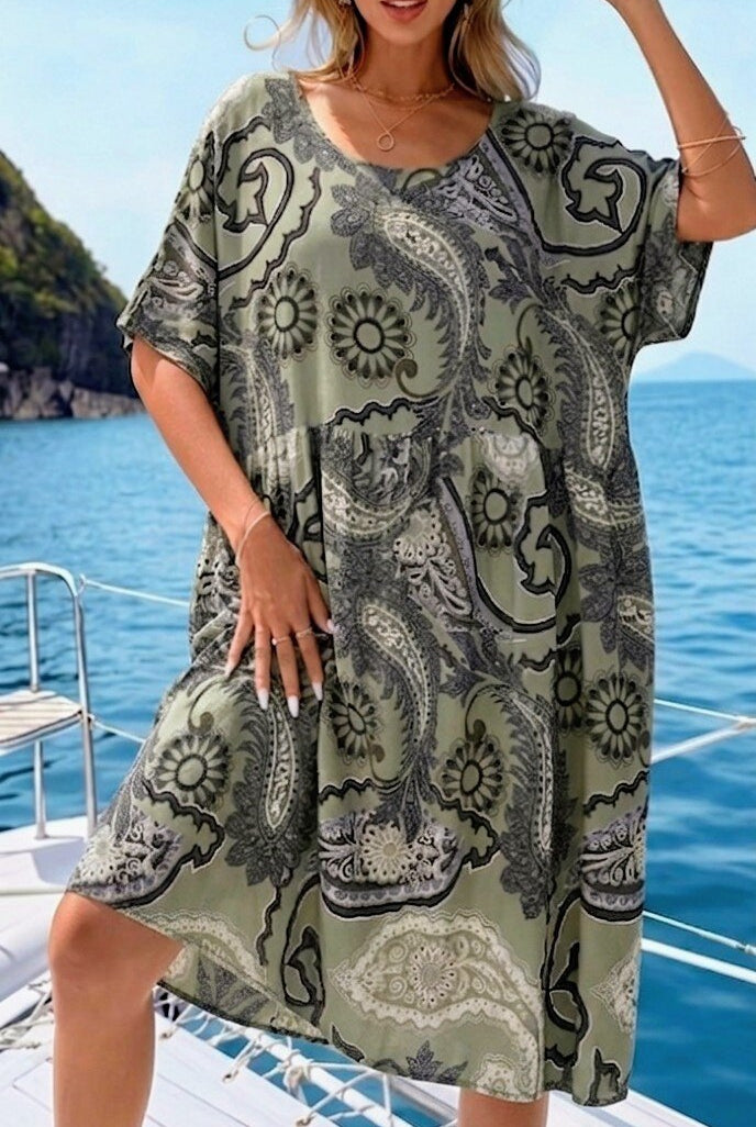 khaki printed dress with short sleeves