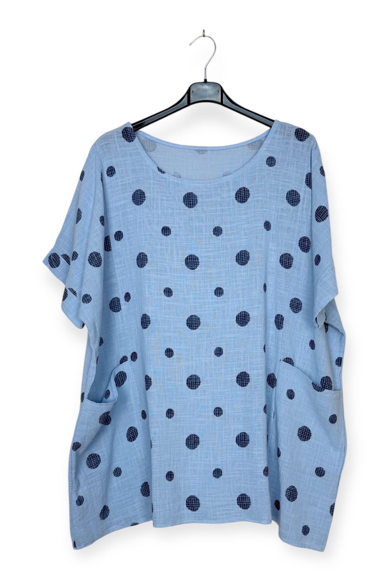 Light blue polka dot print cotton top plus size