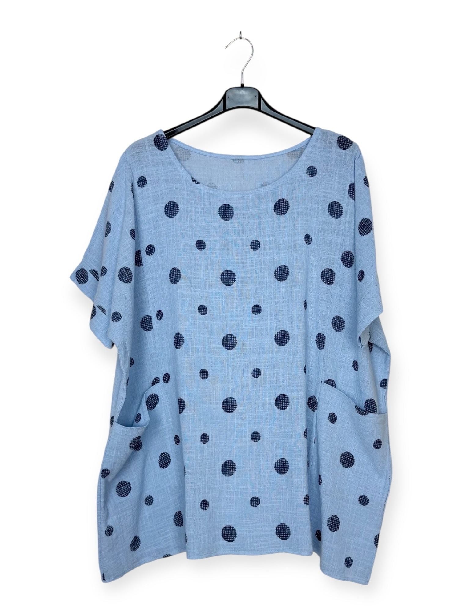Light blue polka dot print cotton top plus size