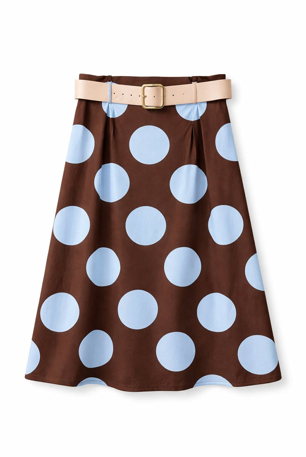 Brown skirt with blue polka dots and a beige belt on a white background