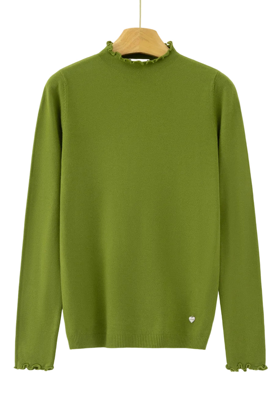 An olive green long-sleeve knit sweater with a ruffled mock neck and ruffled cuffs,