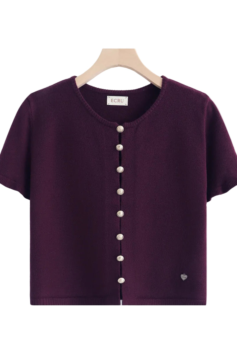A short-sleeve knit top in deep plum purple, hanging on a wooden hanger against a plain white background. The top features a round neckline, a front button closure with buttons, and a small heart detail near the lower right hem.