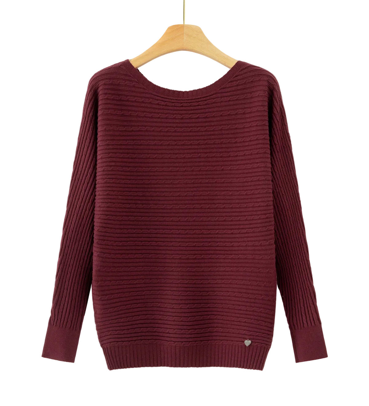 A ribbed knit long-sleeve sweater in deep burgundy, hanging on a wooden hanger