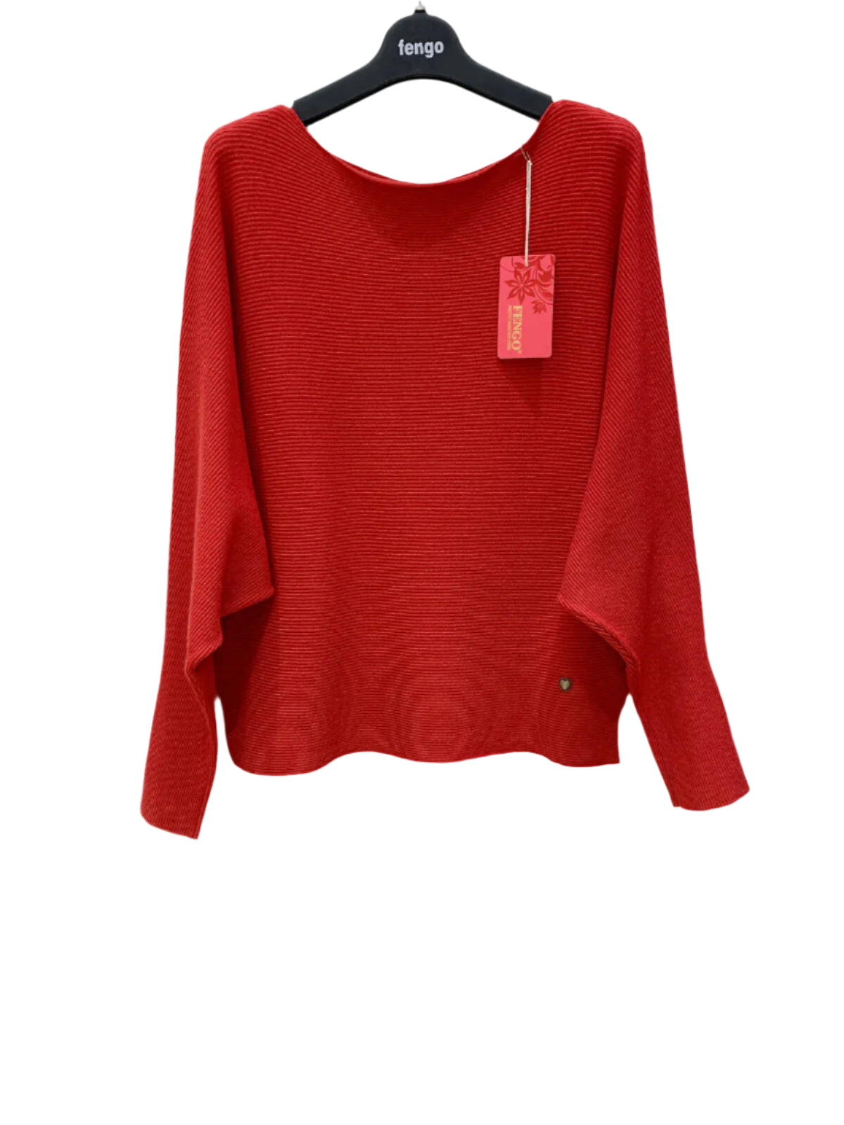 Red sweater on a hanger with a visible tag against a white background