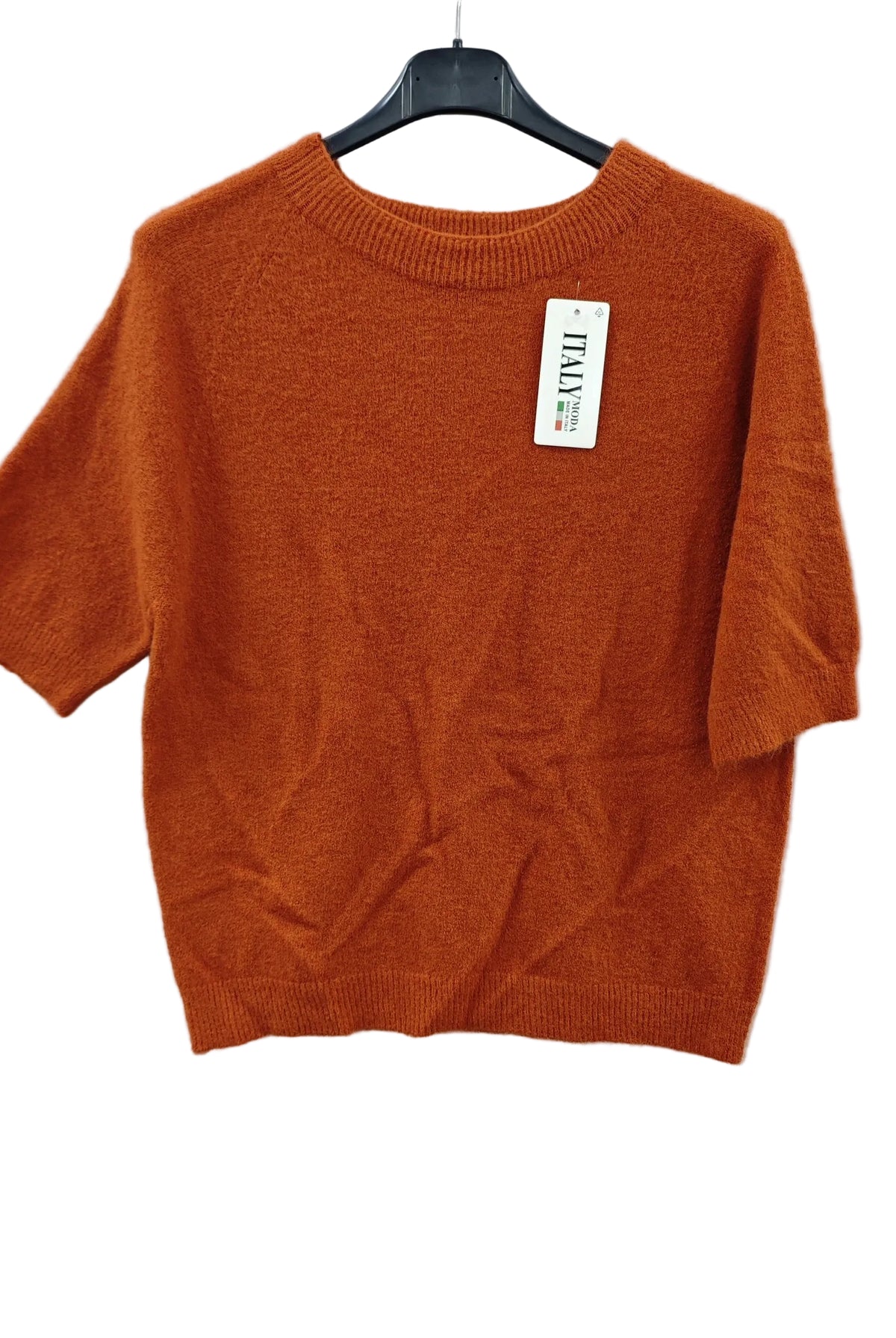 An orange short-sleeve knit sweater hanging on a black hanger