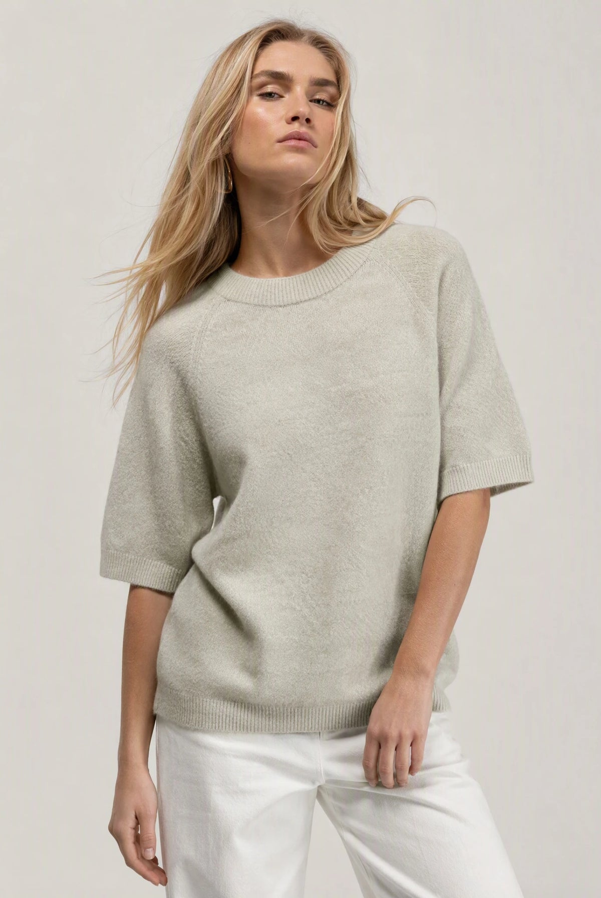 Beige short sleeved alpaca mix sweater