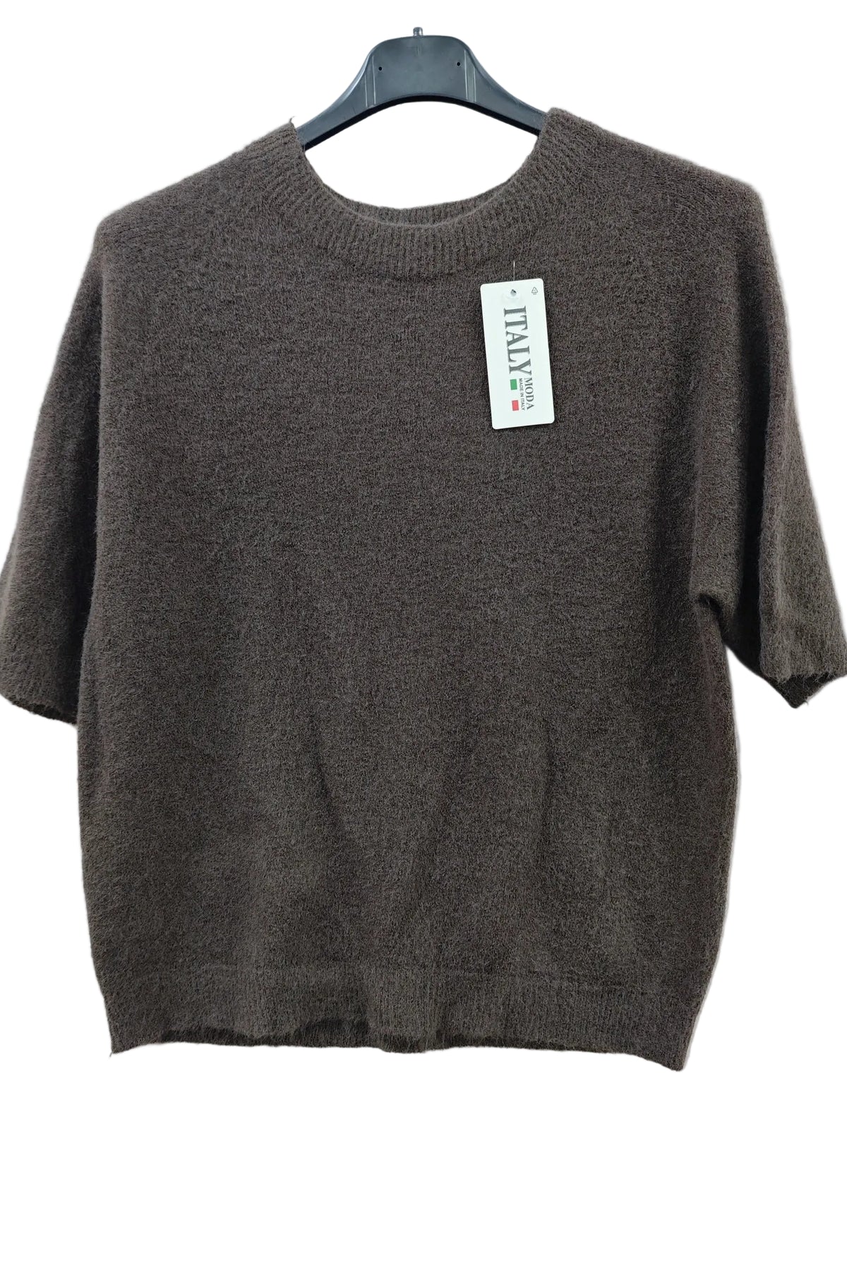 A short-sleeve knit sweater in dark brown, hanging on a black hanger