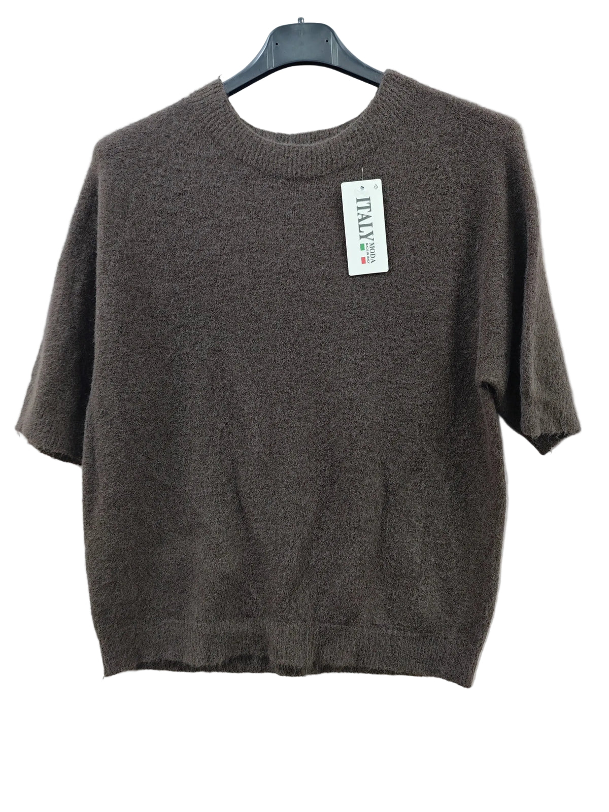 A short-sleeve knit sweater in dark brown, hanging on a black hanger