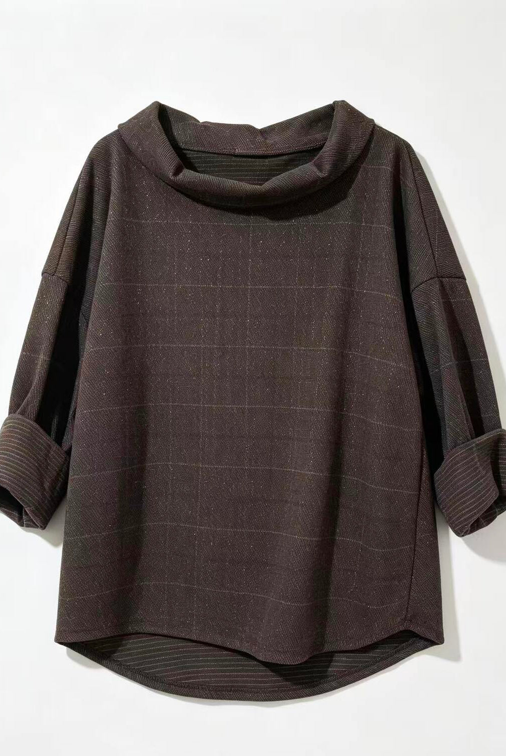 A dark brown cowl-neck top with a subtle windowpane plaid pattern, featuring rolled-up three-quarter sleeves with ribbed cuffs, shown against a plain white background.