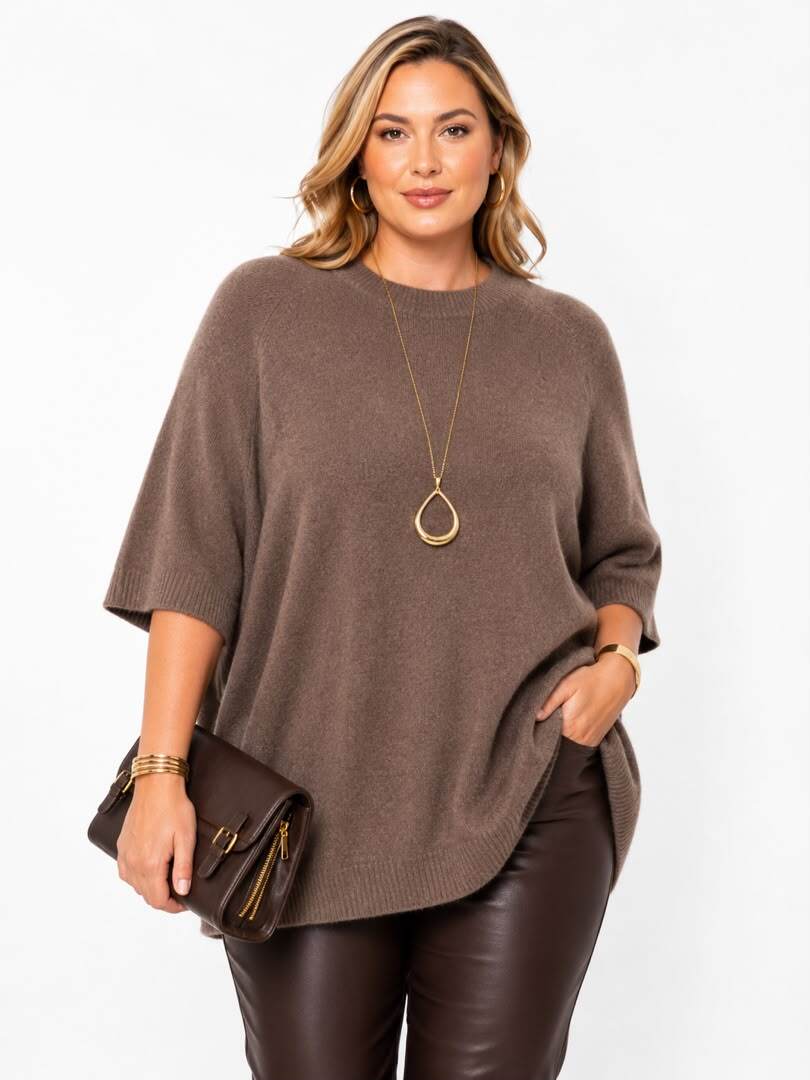 A woman modeling a brown knit poncho sweater with elbow-length sleeves, paired with dark brown faux-leather pants, a gold teardrop pendant necklace, and a brown crossbody bag, against a plain white background.