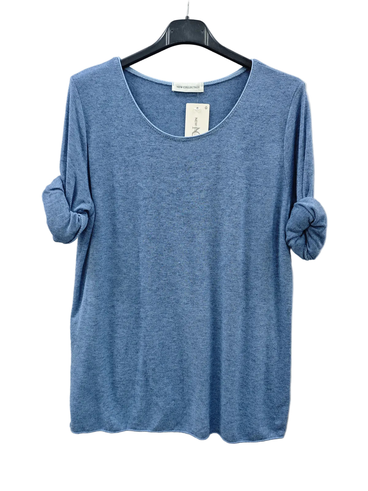 A heathered blue long-sleeve top with rolled cuffs, hanging on a black hanger