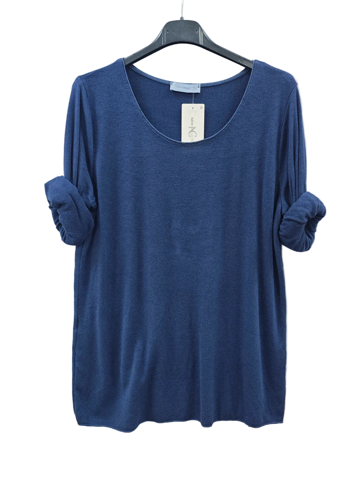 A navy blue long-sleeve top with rolled cuffs, hanging on a black hanger