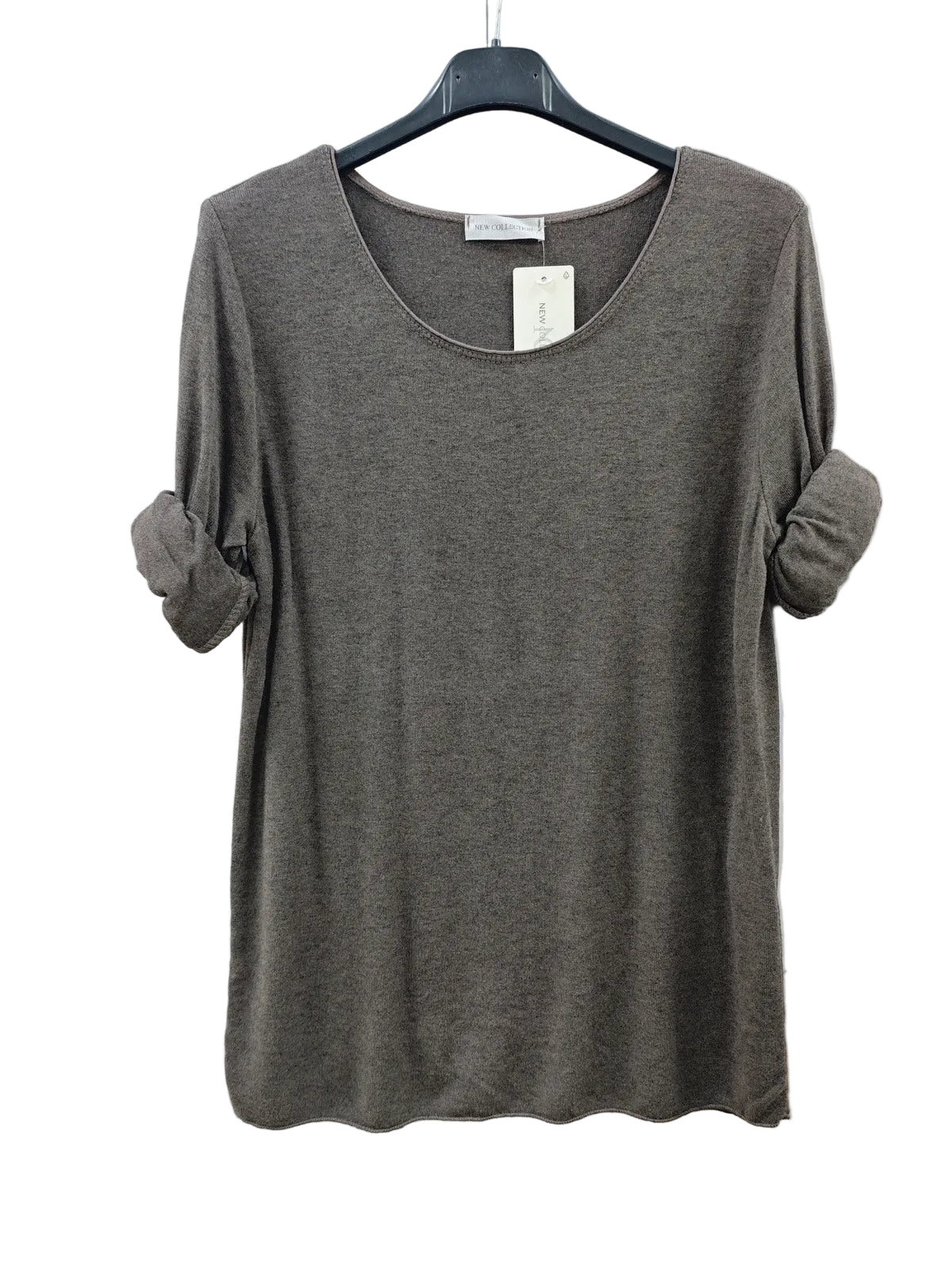 A dark brown heathered knit top with rolled-up sleeves, hanging on a black hanger