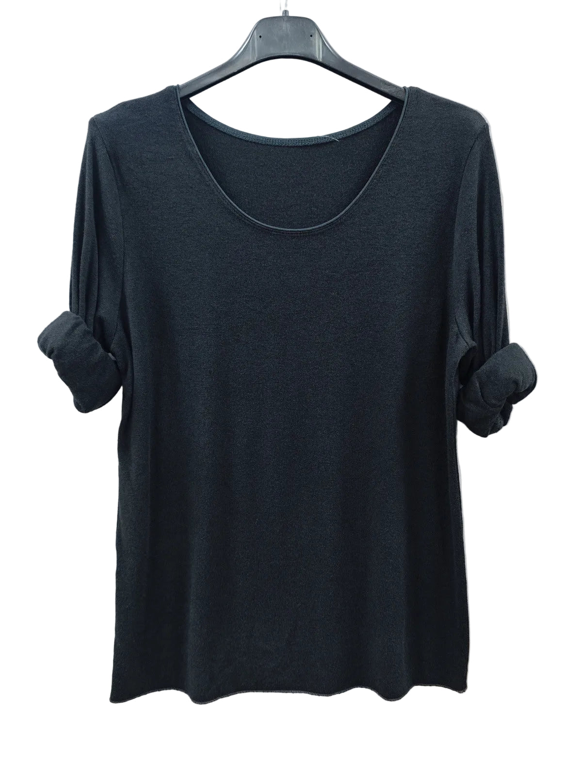A black long-sleeve scoop-neck top with rolled cuffs,