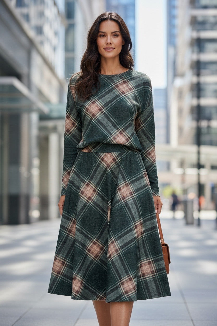 A woman stands on a city sidewalk wearing a dark green long-sleeve top and matching pleated A-line skirt in a green, pink, and beige plaid pattern. She is holding a brown leather handbag.