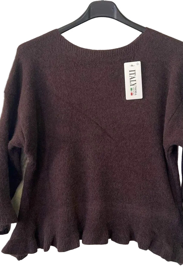 A dark brown knit sweater with three-quarter bell sleeves and a ruffled hem,