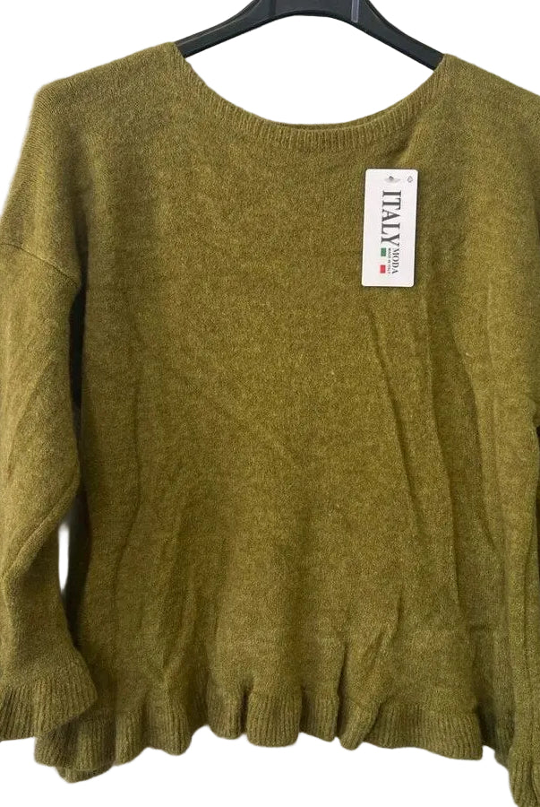 An olive green knit sweater with a crew neck and long sleeves,