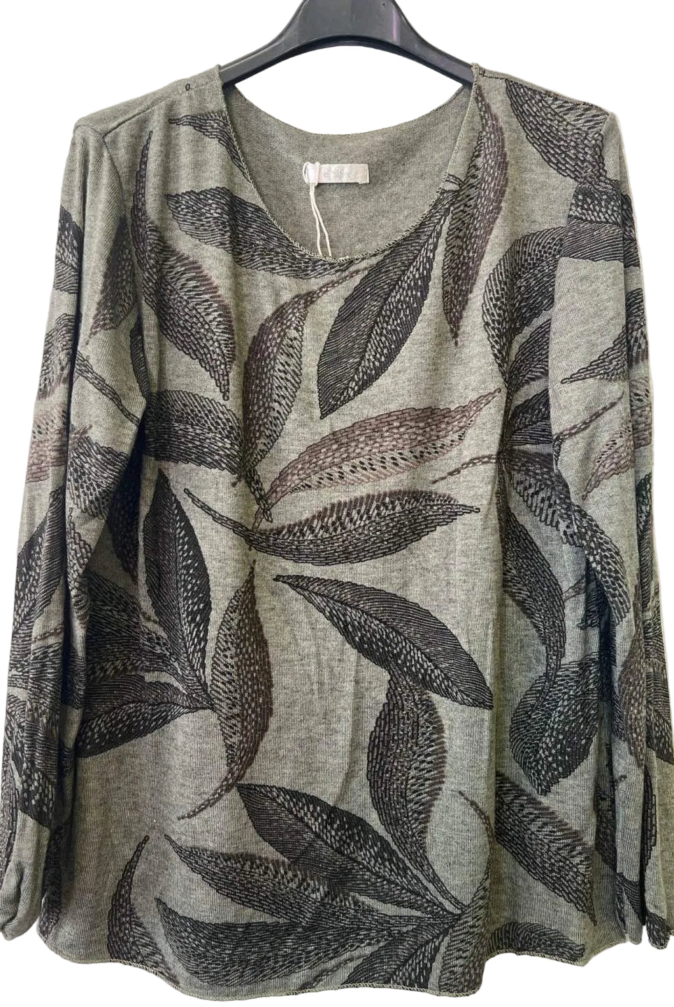 A women's long-sleeve top with an all-over abstract leaf pattern in shades of grey, brown, and black on a soft khaki colour