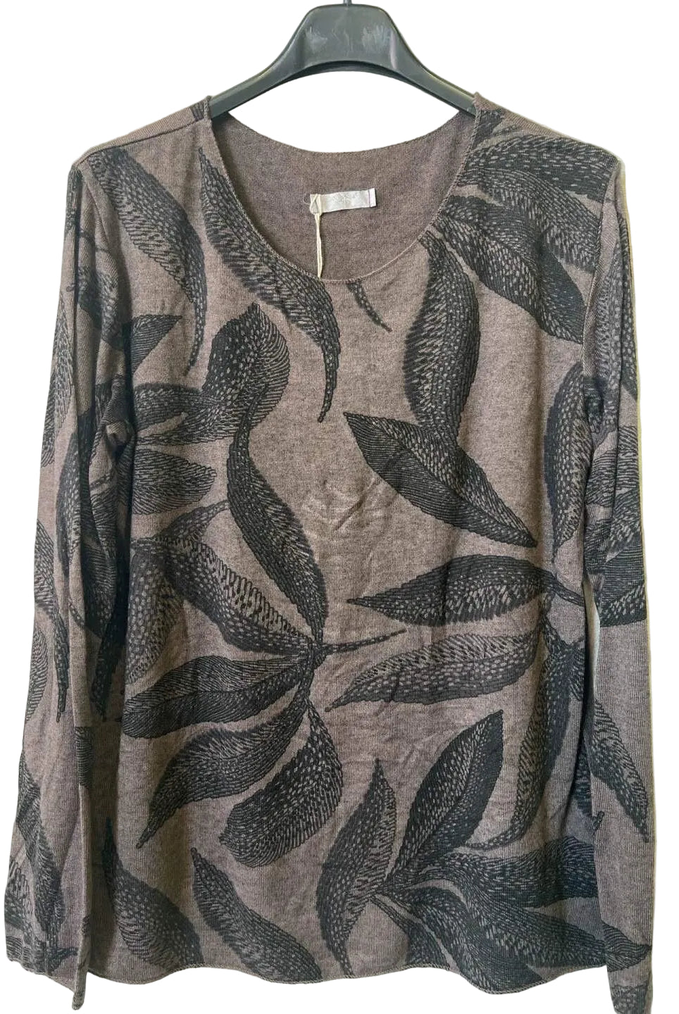 A long-sleeve crewneck top with a brown and black leaf pattern,