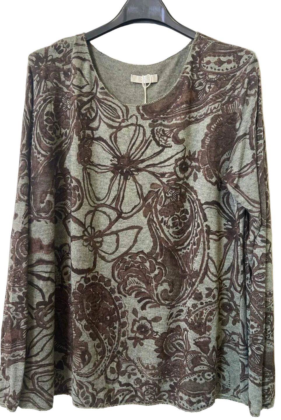 A women's long-sleeve khaki sweater with a floral pattern