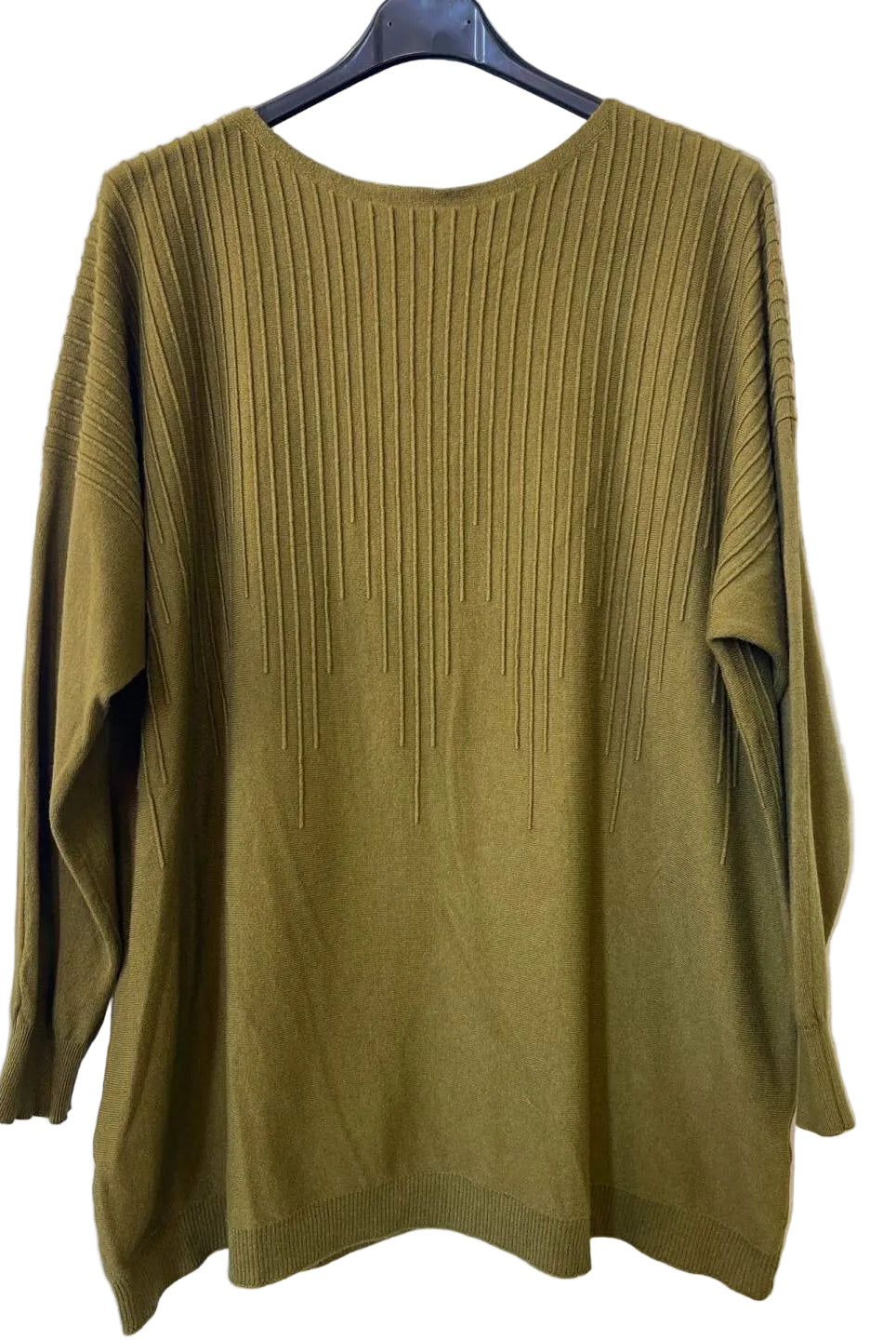 An olive green ribbed knit sweater with long sleeves