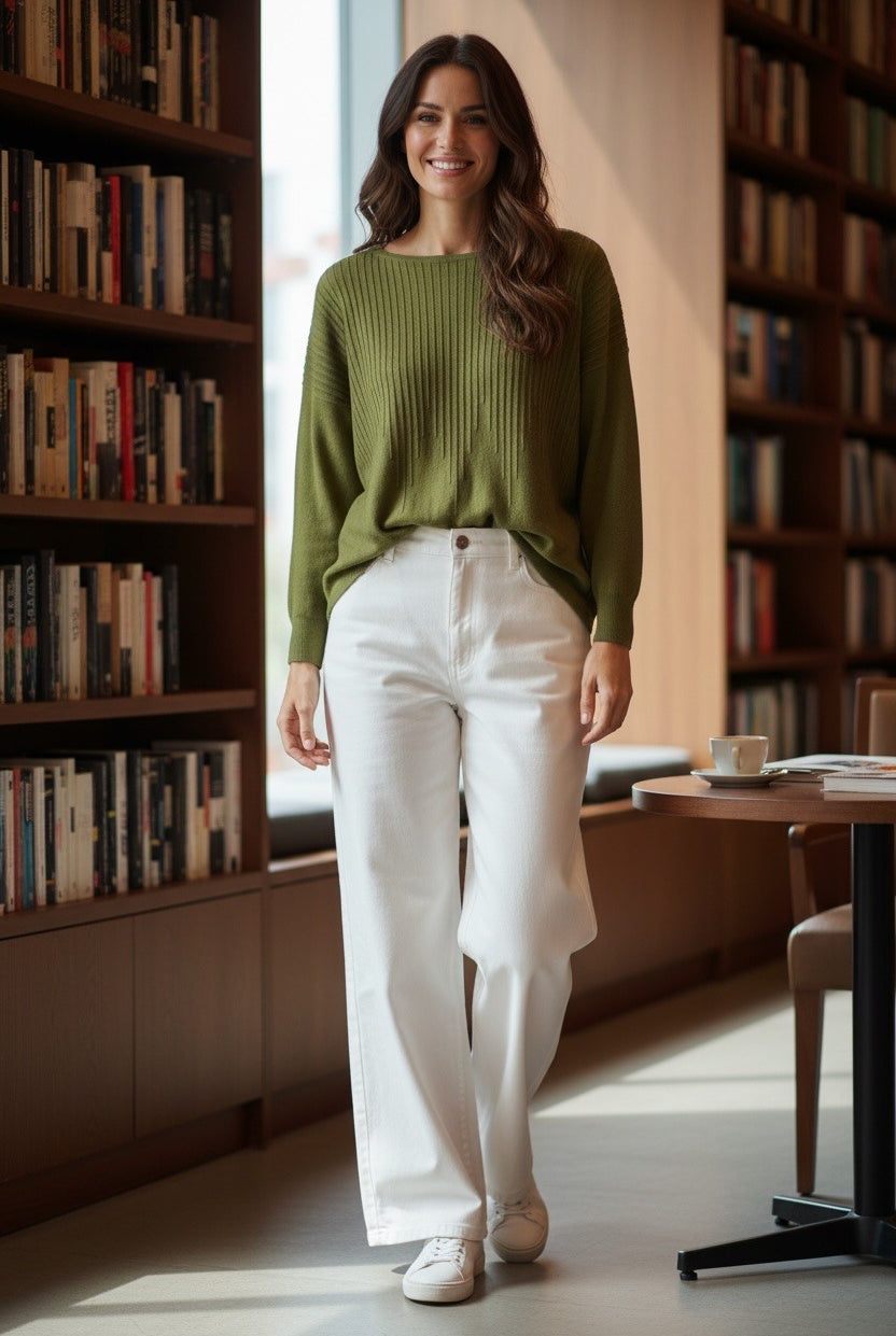 A woman stands in a sunlit library wearing a ribbed olive green long-sleeve sweater, white wide-leg pants, and white sneakers.