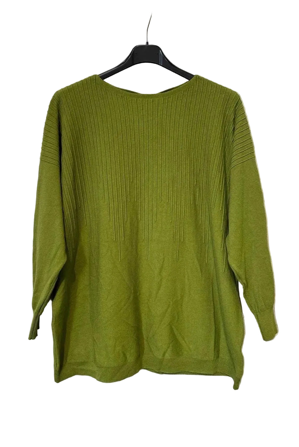 An olive green ribbed knit long-sleeve top hanging on a black hanger against a textured gray wall.