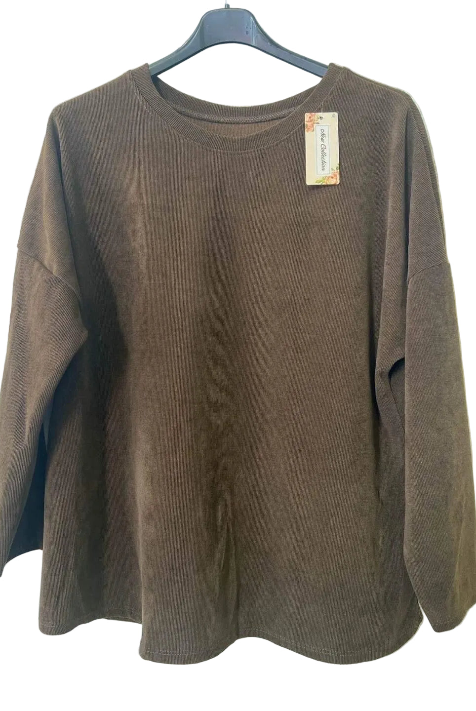 A brown long-sleeve crewneck top hanging